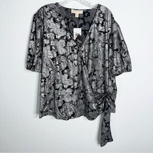 Michael Kors Top Women’s 2X Wrap Blouse Paisley Silver Shirt B22